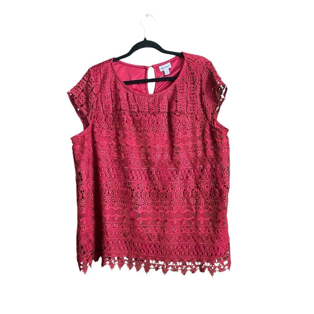Vicki Wayne Top Women Size XL Red Blouse Cap Sleeve Crotchet Lace Dark Romantic